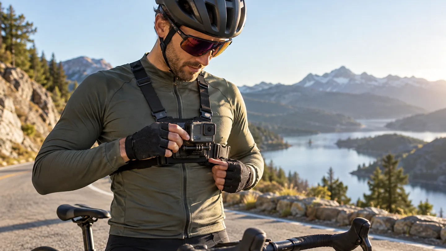 Cyclist adjusting an action camera on a chest harness before a scenic ride
