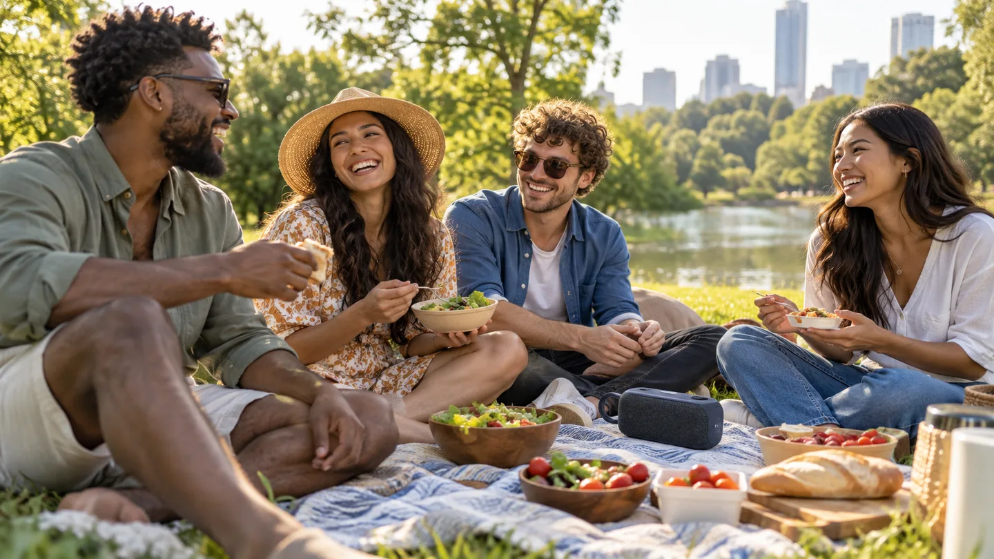 Friends having a picnic with a compact Bluetooth speaker on a blanket