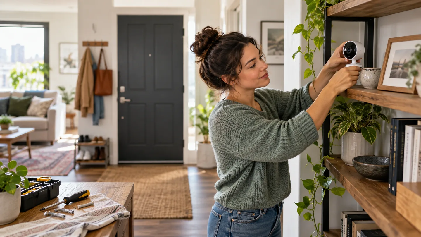 Renter installing a compact indoor camera on a bookshelf near an apartment entry