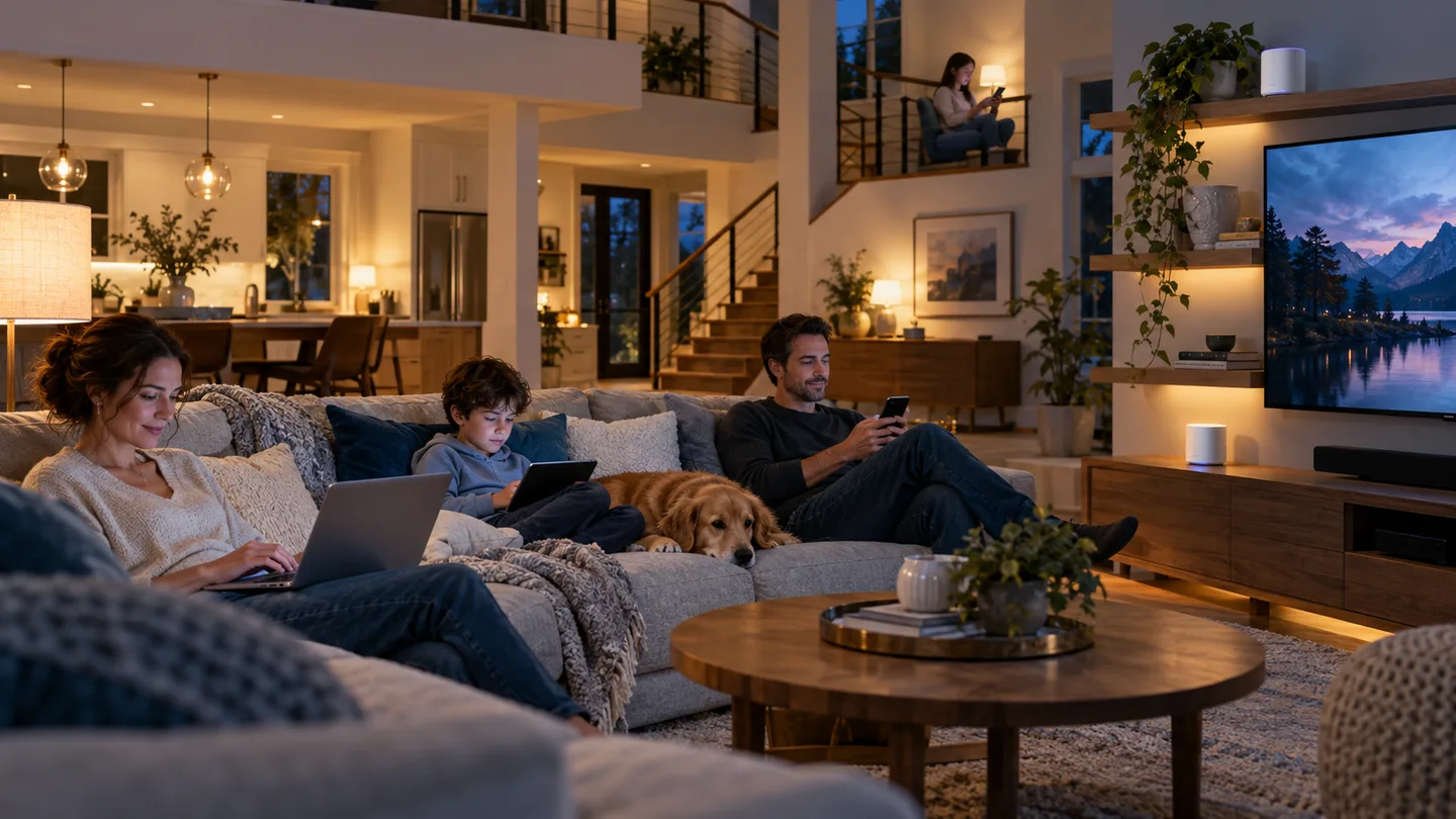 Family using connected devices in a two-story home with discreet mesh Wi-Fi nodes