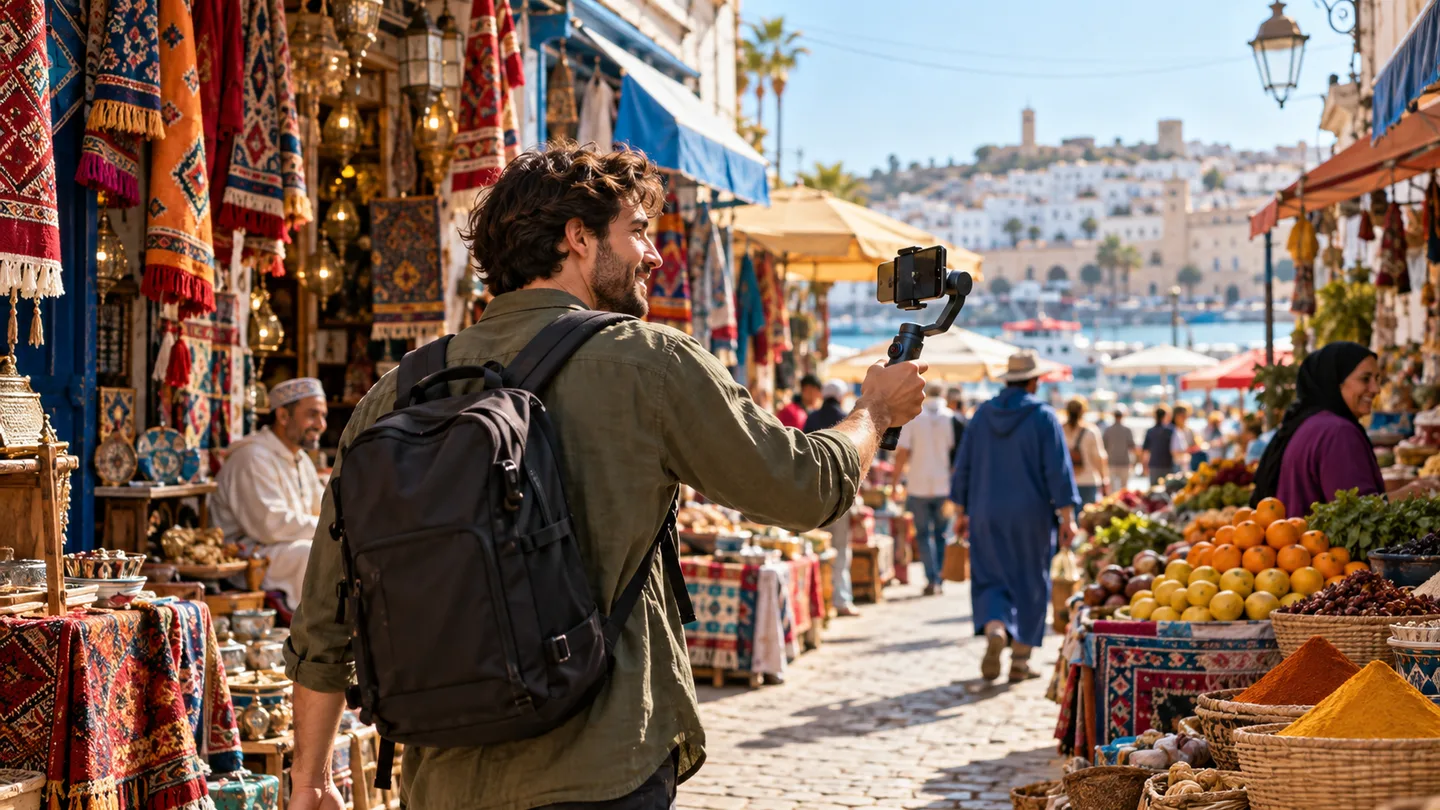 Traveler filming with a phone gimbal while walking through an outdoor market