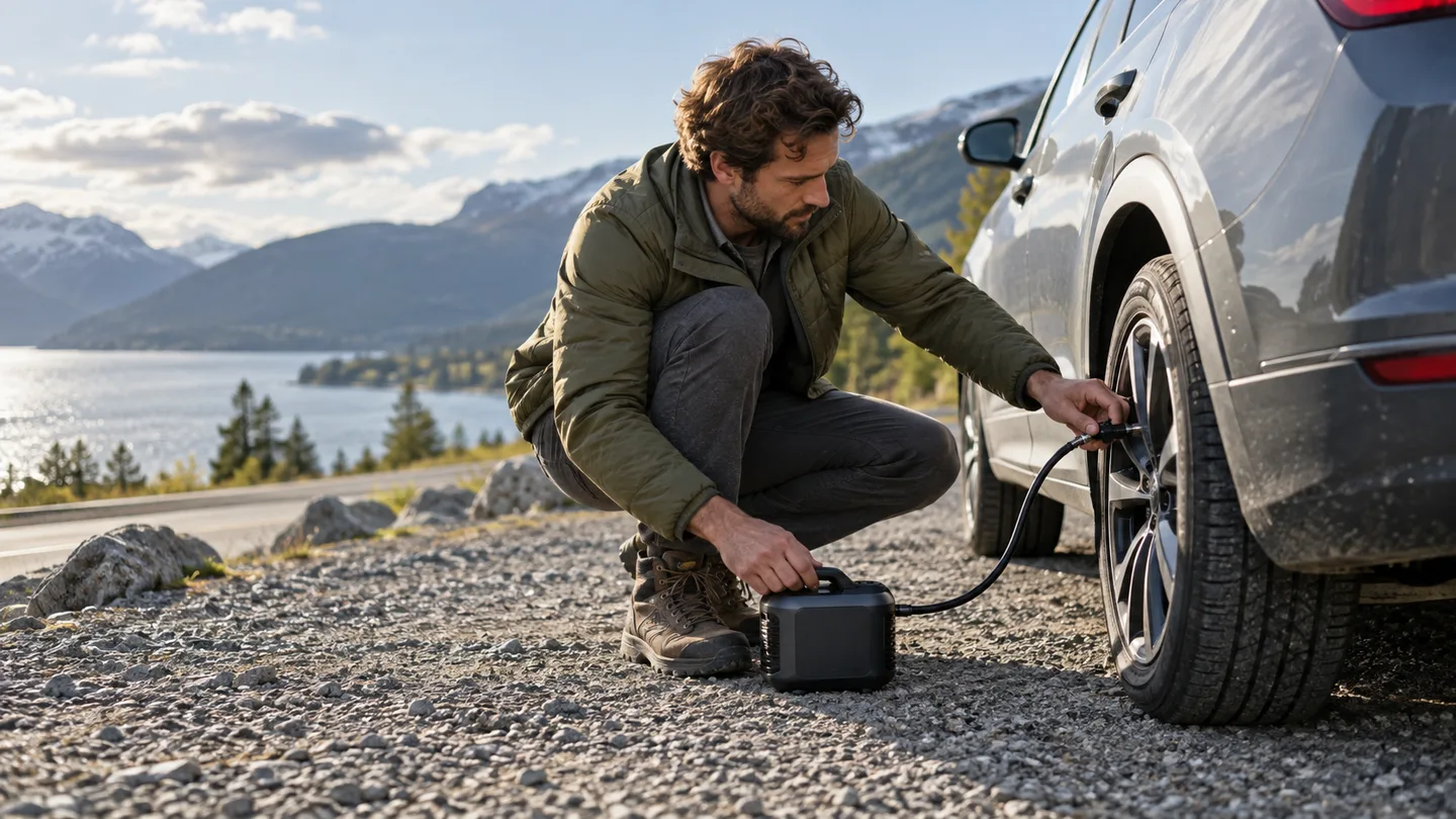 Traveler using a portable tire inflator beside a car at a safe roadside pull-off