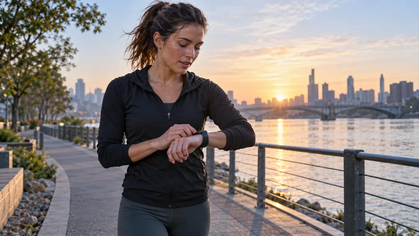 Recreational runner checking a smartwatch on a neighborhood path