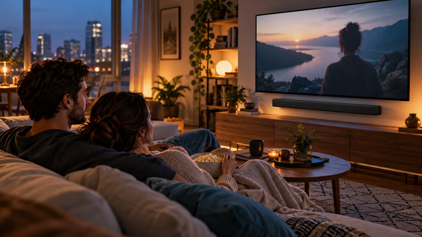 Couple watching television with a slim soundbar in a small apartment living room