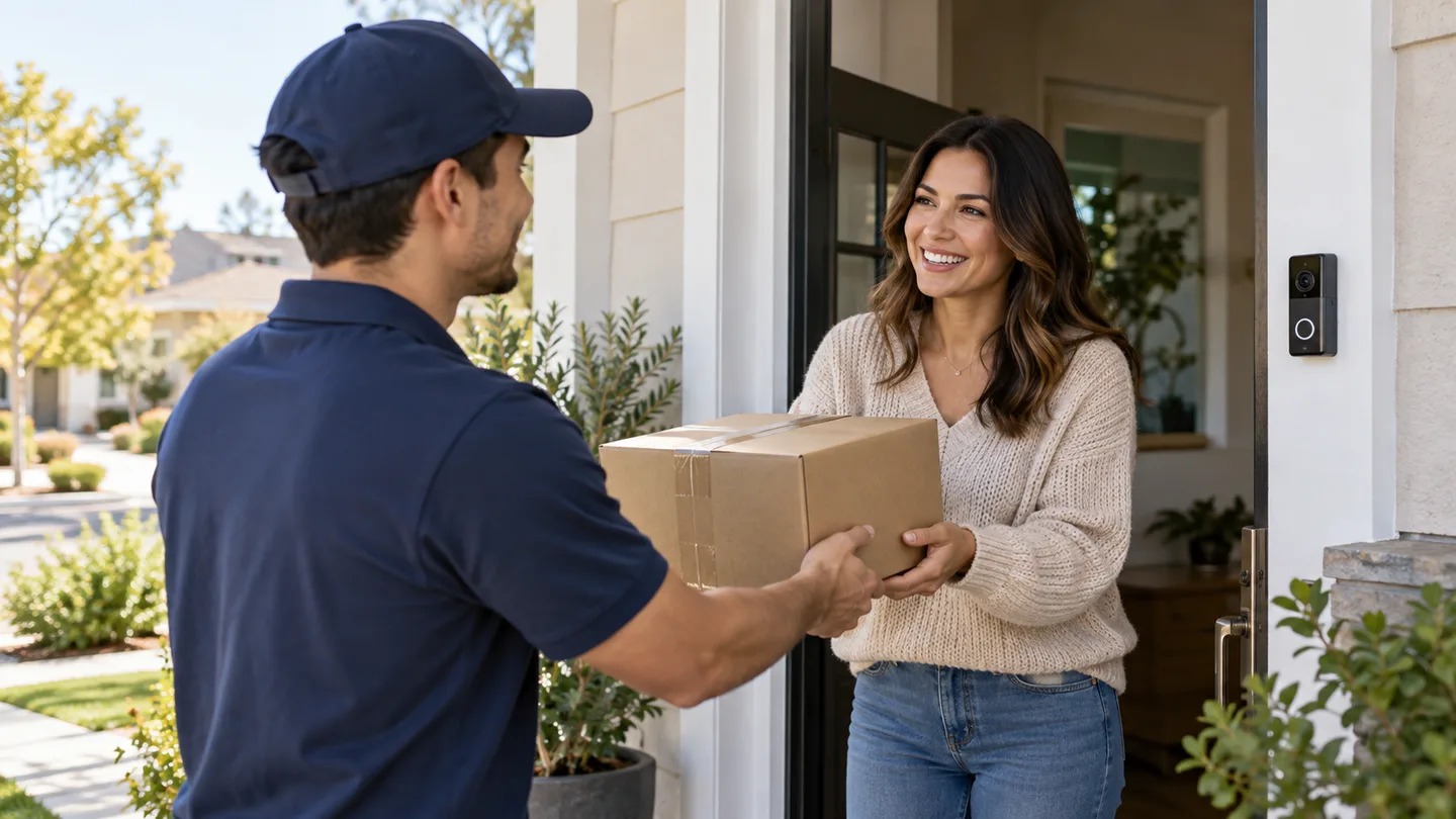 Resident receiving a package at a front door with a compact video doorbell