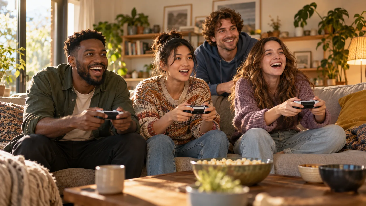 Friends playing a cooperative video game from a sofa with wireless controllers