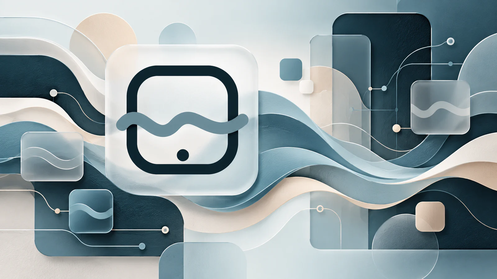 Abstract GizmoBrook illustration with a rounded device, flowing brook lines, and layered technology shapes
